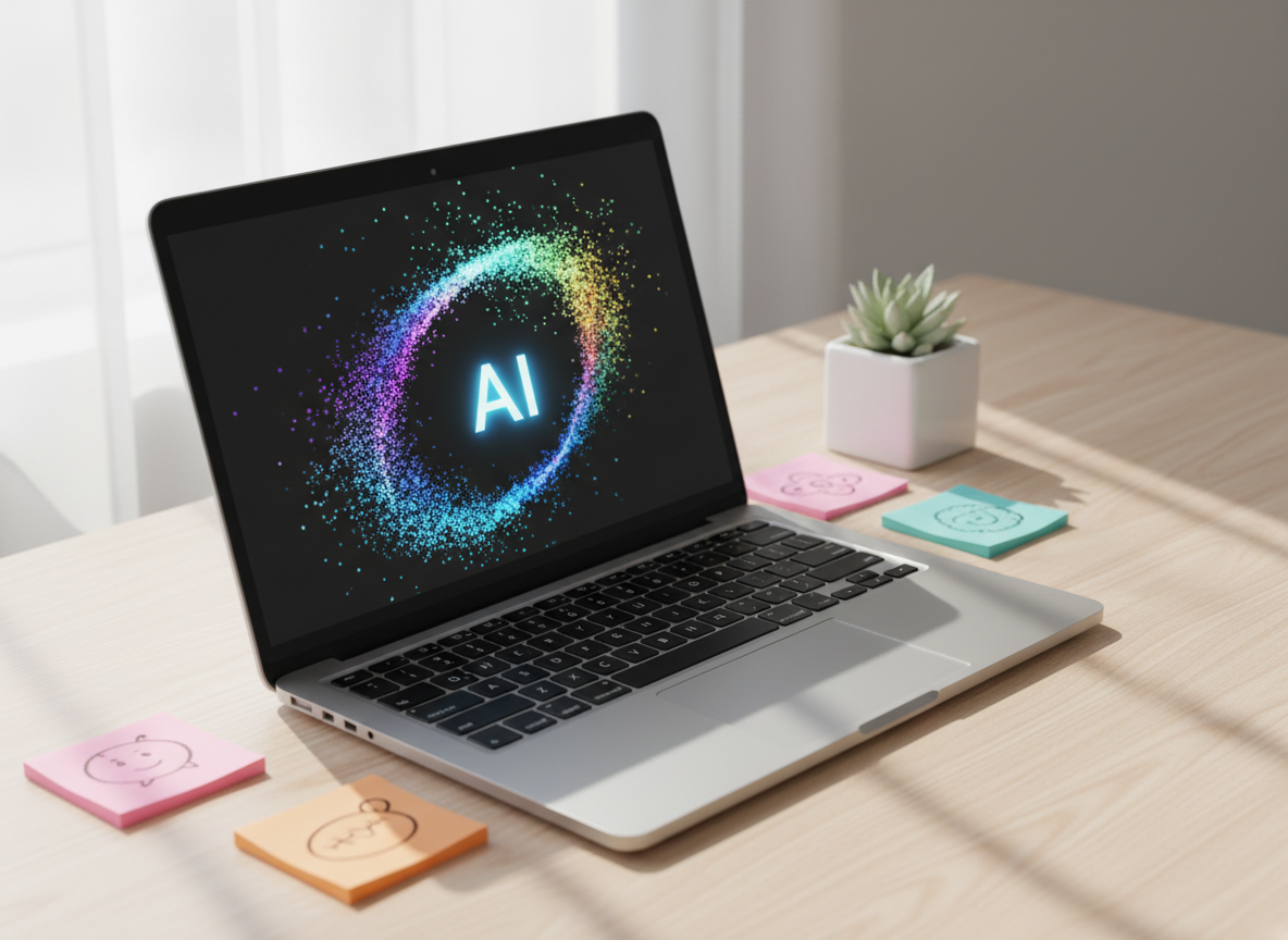 A minimalist, silver laptop with a luminous, holographic AI assistant emerging from its screen as a swirling ribbon of multicolored data particles, arching gracefully above a tidy, light-wood desk. Surrounding the laptop are a few vibrant sticky notes and a small geometric planter, adding playful pops of color. Soft morning light streams through an unseen window, creating gentle highlights on the laptop’s brushed metal surface and casting long, soft shadows. Photographed from a slightly elevated, three-quarters angle with a clean, bright aesthetic, the image feels approachable and optimistic, embodying a photographic realism that showcases AI quietly supercharging everyday workflows.