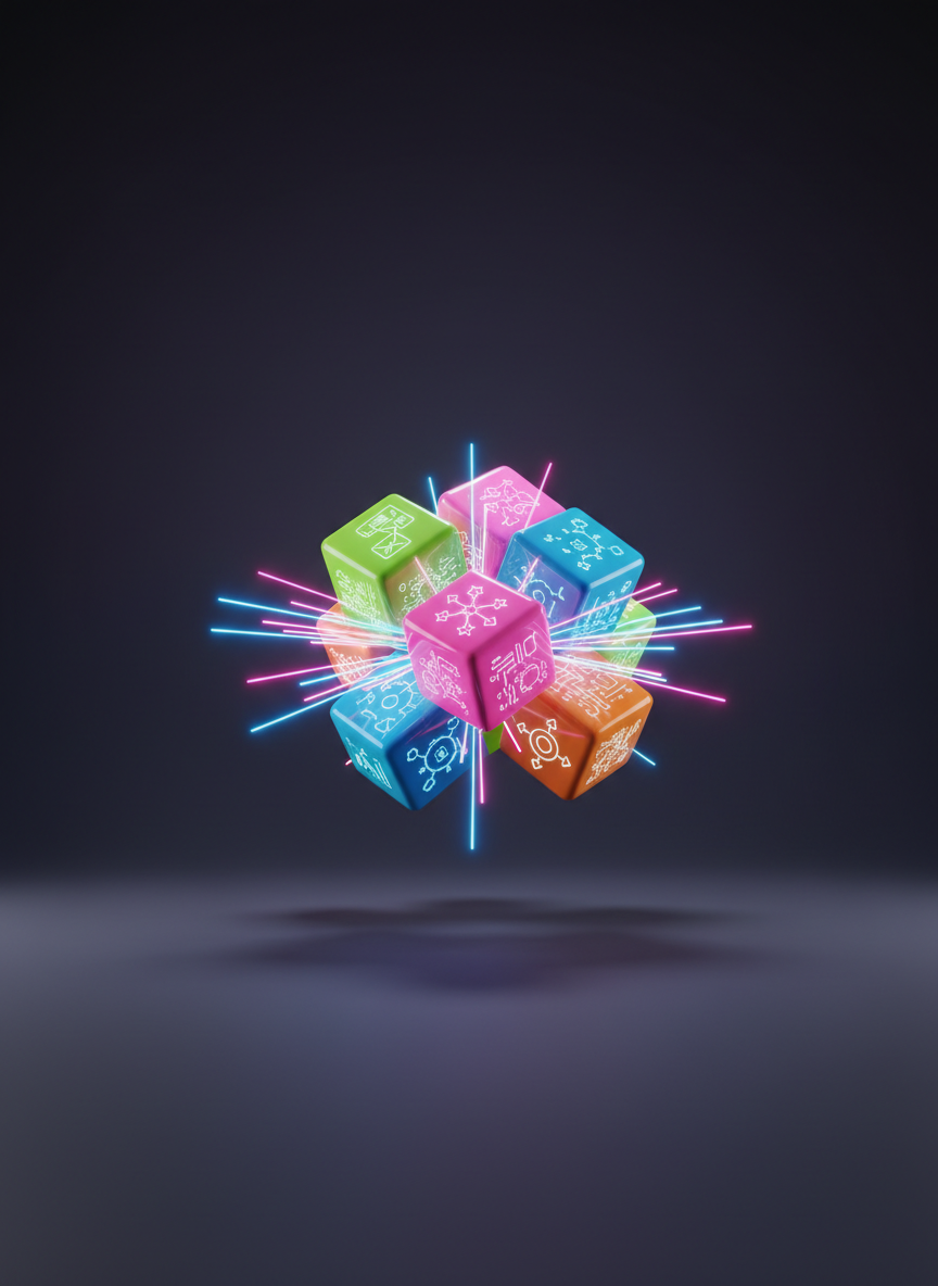 A cluster of glossy, candy-colored 3D cubes, each etched with subtle AI-related glyphs and workflow symbols, snap together mid-air above a matte charcoal surface, representing seamless integrations. Neon threads of light connect the cubes, forming a playful network that glows in electric blues and magentas. The environment is a dark, minimal studio with a soft gradient backdrop, illuminated by focused spotlights that cast crisp, dramatic shadows. Captured from a slightly low angle with a cinematic, photographic style, the composition emphasizes depth and motion, creating an energetic, futuristic atmosphere that suggests disruptive, plug-and-play AI synergy for modern teams.