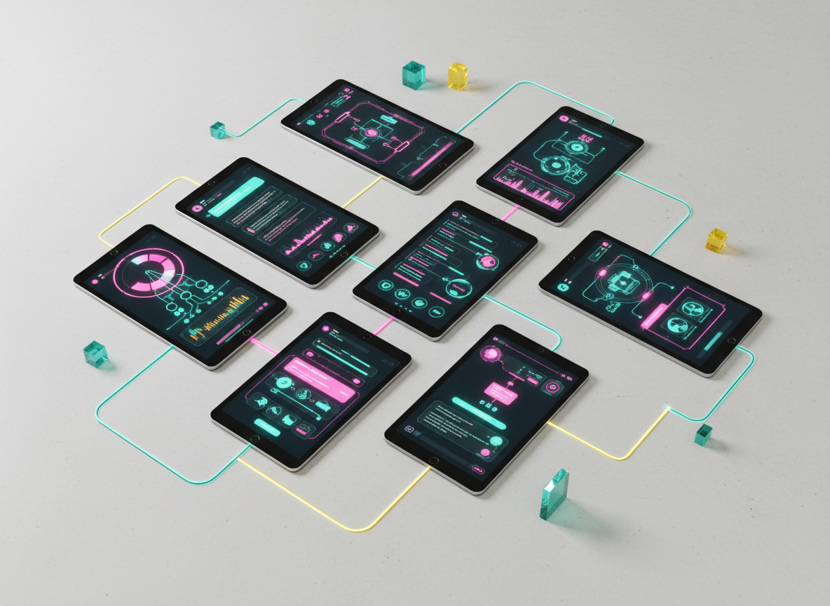 An overhead, flat-lay composition of a stylized AI command center: multiple slim, frameless tablet screens arranged on a pale concrete surface, each displaying vivid, futuristic interfaces of analytics, automation flows, and chat-like panels. Bright, candy-toned accents in teal, magenta, and yellow contrast with the neutral background, with cables replaced by thin beams of colored light connecting each screen. Soft, diffused studio lighting creates almost no harsh shadows, giving a calm yet energetic atmosphere. The photographic realism emphasizes crisp clarity and subtle textures, illustrating a playful but powerful all-in-one AI workspace orchestrating complex team workflows with effortless synergy.