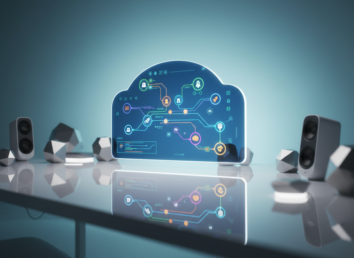 A sleek, midnight-blue cloud dashboard floating as a translucent holographic panel above a spotless white glass desk, filled with colorful, glowing AI workflow diagrams and playful animated icons. Around it, abstract geometric devices and smart speakers rest in soft focus, subtly hinting at a connected ecosystem. Cool studio lighting from the left creates crisp reflections on the glass surface, while a gentle cyan backlight outlines the holographic UI. Shot at an eye-level angle with shallow depth of field, the composition centers the dashboard, conveying a modern, energetic, photographic realism that feels like a friendly, next-gen control center for an all-in-one AI platform.